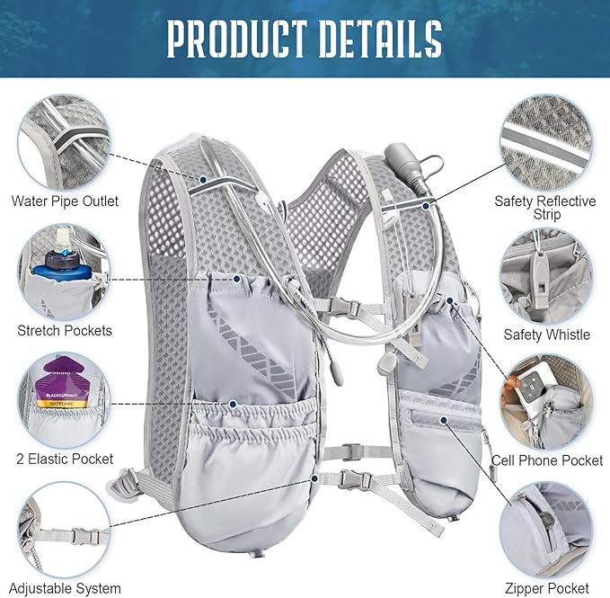 Lightweight Running Hydration Vest for Women Men, Breathable Adjustable Hydration Backpack with 1.5L Water Bladder Bag for Hiking, Trail, Running, Marathons, Cycling