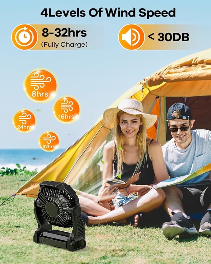 30000mAh Rechargeable Camping Fan with LED Lantern,Portable Battery Powered Outdoor Fan for Bedroom,Camping,Travel,Hiking,Beach,Office,Trave Accessories(Black)