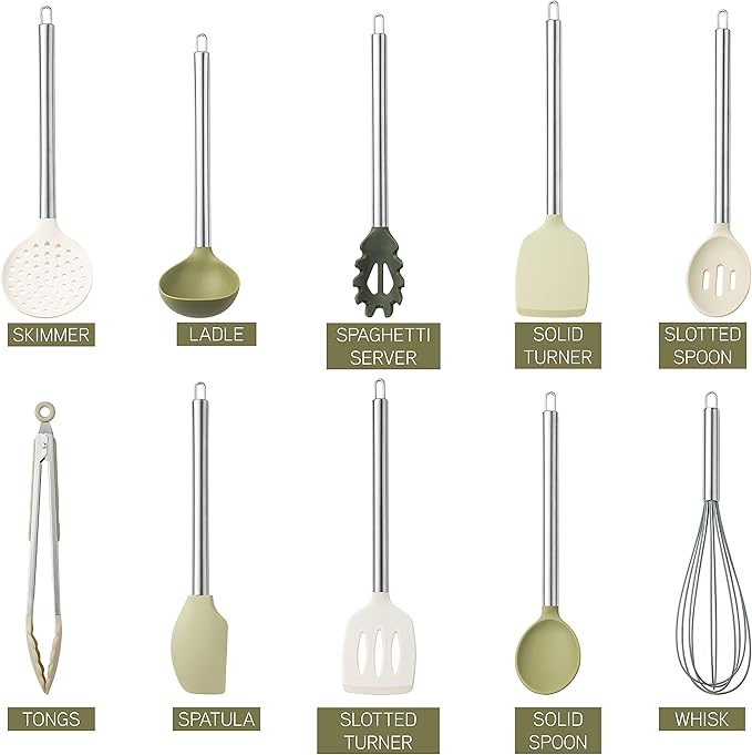 COOK WITH COLOR Silicone Cooking Utensils, Kitchen Utensil Set, Easy to Clean Silicone Kitchen Utensils, Cooking Utensils for Nonstick Cookware, Kitchen Gadgets Set, 10 Pieces, Green