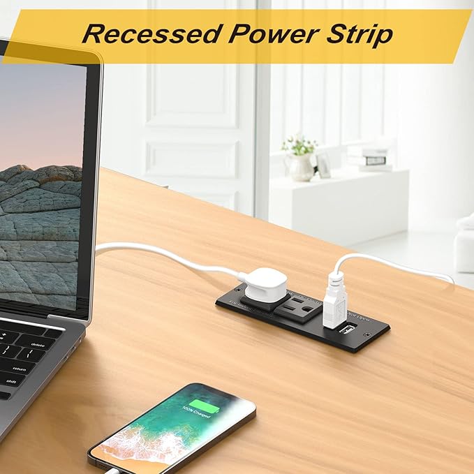 Kungfuking Desktop Power Grommet Conference Recessed Power Strip in Desk Outlet Power Socket 2-Socket &2-USB Ports 9.85 FT Extension Power Cord, ETL Listed