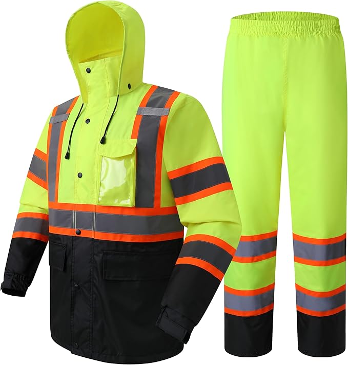 JKSafety Hi-Vis Reflective Safety Rain Jacket and Pants for Men Women Waterproof Rain Gears for Farming Fishing Work HV Rain Suit with Inner Mesh Lining and Pockets (117-Yellow L)