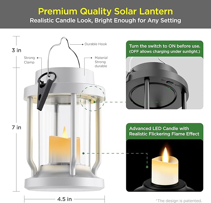 Solar Lantern Outdoor & Indoor Use – Hanging Solar Lights with Realistic Flickering Flameless Candle, Weatherproof for Gardens, Patios, Trees, and Lawns (White, 2 Pack)