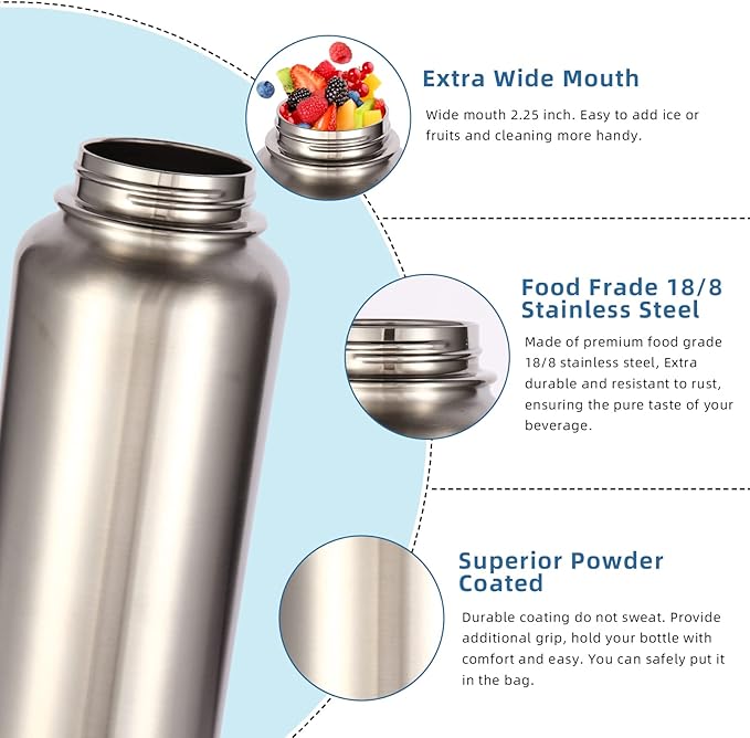 Volhoply 40 oz Insulated Water Bottles Paracord Handle, Stainless Steel Bottle with Spout Lid, Double Walled Metal Travel Water Cups with Wide Mouth, Reusable Water jug for Adults (Silver,1 Set)