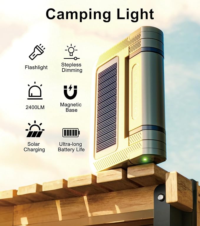 2400LM Rechargeable Camping Lantern – Folding Portable Solar Camping Light for Tent & Power Outages, Magnetic Base, 1/4" Screw Adapter, USB-C & Solar Powered for Hiking,Outdoors