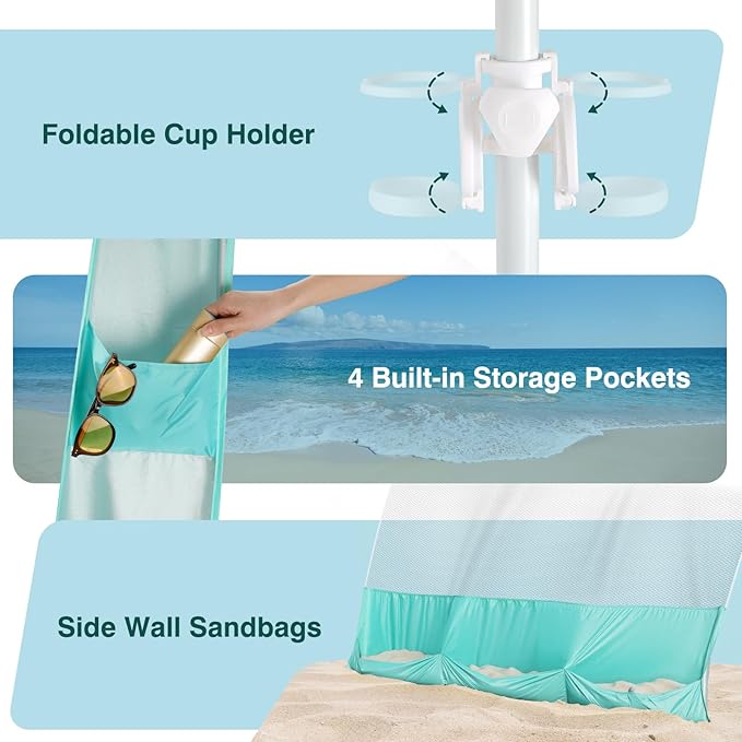 Rhino Valley Beach Tent Shade Canopy UPF50+ Protection, 8 Sandbags, 4 Stability Poles, Outdoor Sun Shelter Umbrella for Sand, Camping, Fishing Essentials