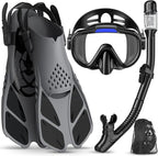 Snorkeling Gear for Adults Men Women,4 in 1 Snorkel Set with Panoramic View Diving Mask Anti-Fog Anti-Leak,Dry Top Snorkel,Fins and Travel Bag for Swimming,Snorkeling and Travel Diving