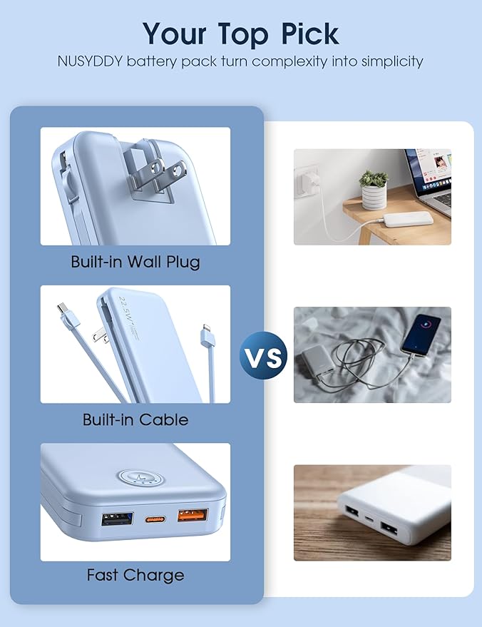 Portable Charger with Built in Cable and AC Wall Plug, USB C Power Bank 12000mAh 22.5W Super Fast Charging, Lightweight Portable Phone Charger Travel Battery Pack for iPhone, ect (Light Blue)