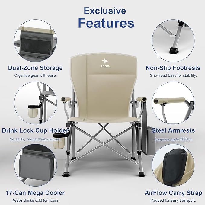XL Heavy Duty Camping Chair 396lb Capacity (525lb Max) – Waterproof 1680D Oxford Fabric, 2" Padded Seat & Back, Cup Holder, Cooler Pocket, Portable for Camping, Beach & Tailgating (Taupe)