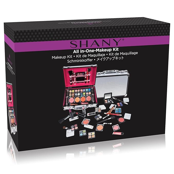 SHANY Carry All Make up Train Case with Pro Makeup Set, Beauty Brushes, Lipsticks, Eye Shadows, Blushes, Powders, and more - Reusable Cosmetics Storage Organizer - Premium Gift Packaging - Silver