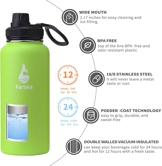 Farsea Insulated Water Bottle With Paracord Handle, Protective Boot and 2 Lids (Straw Lid & Spout Lid), Stainless Steel Water Bottle Wide Mouth, Double Wall Sweat-Proof BPA-Free, 32 oz