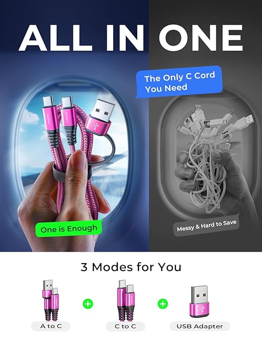 AINOPE USB C to USB C Cable, 10 FT USB C Cable Fast Charging with USB to USB C Adapter, 60W USB to USBC Cable for iPhone 17 Pro Max Air Type C Cable for iPhone 16/15/14/13/12, Magenta