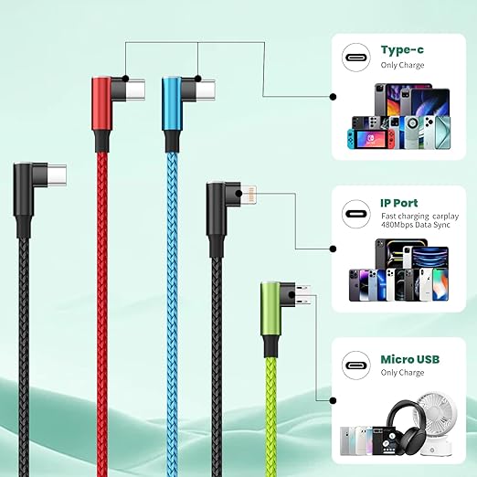 Travel Vacation Essentials USB C Multi Charging Cable, Right Angle 4 in 1 Charging Cable, Phone Charger Cords with IP/Type C/Type C/Micro Port, Compatible with Most Cell Phones and More（1Pack 5FT）