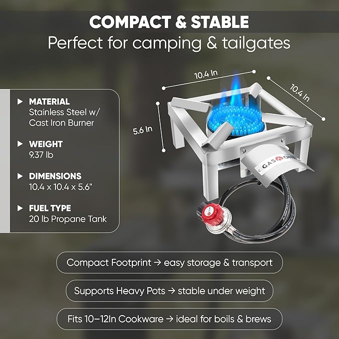 GasOne Stainless Steel Single Propane Burner - Outdoor Cooking with Heat Shield and Guard – Propane Burner Head for Camping, Tailgating, Seafood Boil, Home Brewing - Patent Pending