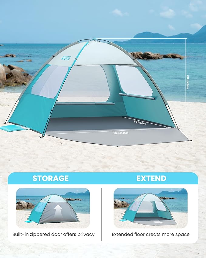 OutdoorMaster Beach Tent for 3/4 Person - Easy Setup Sun Shade Shelter, Portable Beach Shade Sun Canopy with UPF 50+ UV Protection, Removable Skylight Family Size