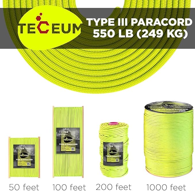 TECEUM 5/32" Paracord Rope 1000 – 1000ft / 200ft / 100ft / 50ft – Tactical Parachute Cord 4mm – 45+ Colors – Nylon String for Survival & Camping Gear – Stripe Cord for Survival – Utility Rope