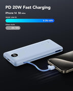 VRURC Portable Charger with Wall Plug and Cables, 10000mAh Power Bank with 22.5W Fast Charging USB Port,4 Outputs Dual Inputs Slim Compact Rechargeable Battery Pack Travel Accessories-Blue(1 Pack)