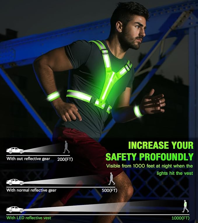 Led Light Up Running Vest Reflective Vest for Runners Night Walking, Rechargeable LED Reflective Running Vest High Visibility with Adjustable Waist/Shoulde, Reflective Armband for Women Men