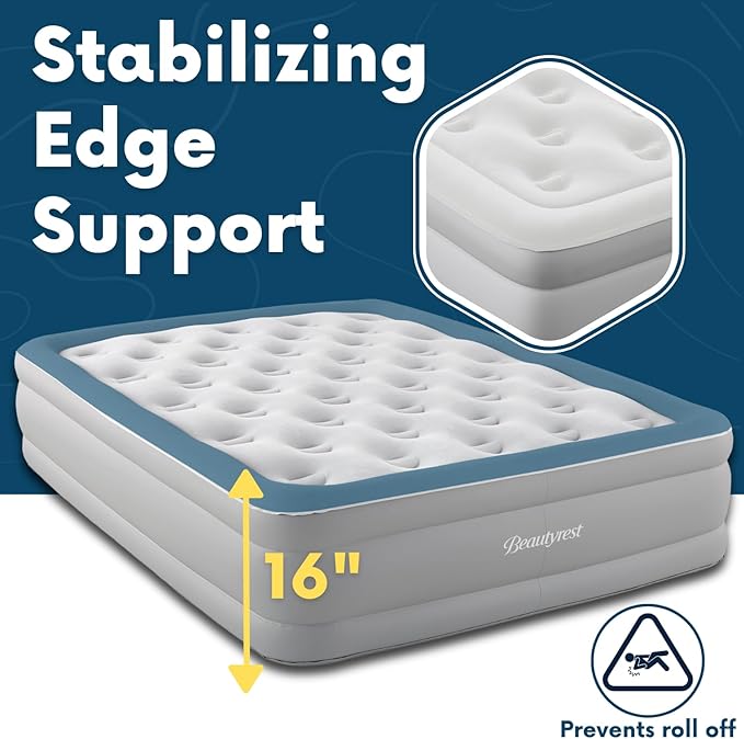 Beautyrest Skyrise Full Size Air Mattress with Coil Beam Construction, Edge Support with External Pump and Puncture Resistant Vinyl for Guests and Camping
