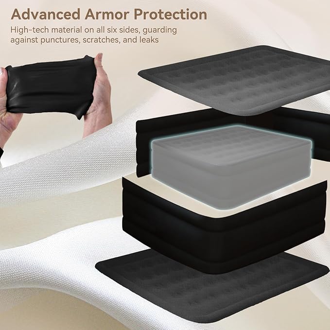 Calen Armor Tech Queen Air Mattress with Built in Pump,18”Luxury Inflatable Mattress with Six Side Protective layer Topper for Camping,Home, Fast Inflation/Deflation Airbed Waterproof Blow up Mattress