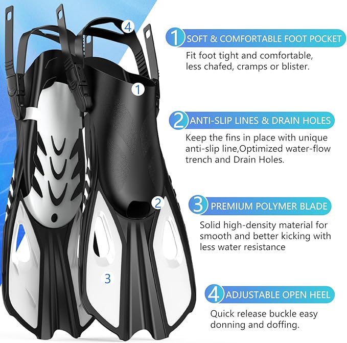 Snorkeling Gear for Adults Men Women, 3 in 1 Snorkel Set with Panoramic View Diving Mask Anti-Fog Anti-Leak, Snorkel Mask Dry Top Snorkel Fins for Swimming, Snorkeling and Travel Diving