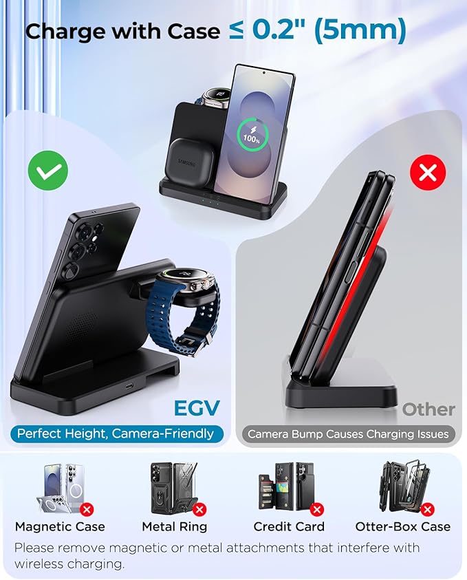 EGV Wireless Charger for Samsung – 3 in 1 Wireless Charging Station for Galaxy S25 Ultra S24 S23, Z Fold Flip 7/6, Detachable Watch Charger for Galaxy Ultra 8/7/6, Foldable, Fast Charging, No Adapter