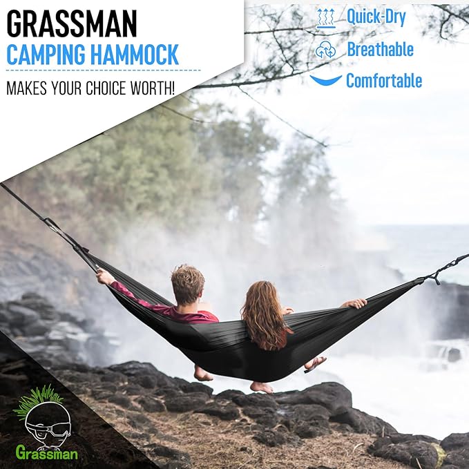 Grassman Camping Hammock Double & Single Portable Hammock with Tree Straps, Lightweight Nylon Parachute Hammocks Camping Accessories Gear for Indoor Outdoor Backpacking, Travel, Hiking, Beach