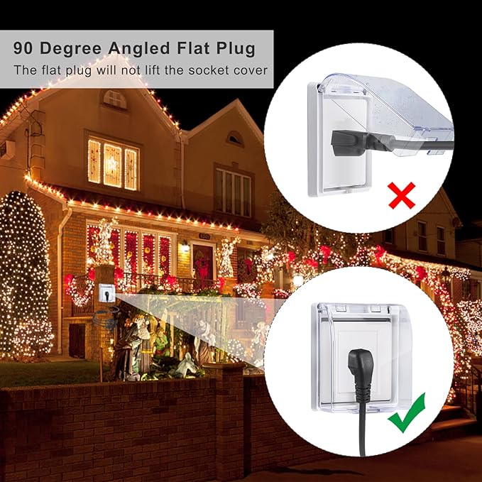 Outdoor 3-Outlet Power Splitter, 90-Degree Flat Plug 1 to 3 Way Outlet Adapter 1.5FT SJTW 16AWG 3-Prong Power Cord Extension Strip with Outlet Cover for Holiday Decoration String Light(2-Pack)