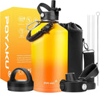 Water Bottle Insulated 32oz 40oz 64oz 128oz Straw Lid Spout Lid & 3 Lids, Leak Proof, Vacuum Insulated,Stainless Steel Water Bottle Wide Mouth for Sports, Gym or Office