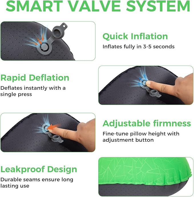 ATEPA Inflatable Camping Pillow, Ultralight Waterproof Travel Pillow with Ergonomic Support & Leak-Proof Air Valve, Compact Portable Pillow for Hiking Backpacking Tent Airplane Beach, Light Green