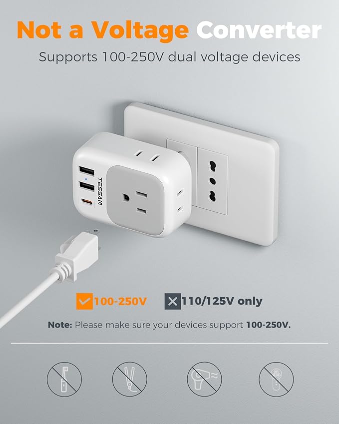Italy Travel Plug Adapter PD 20W, TESSAN Type L Adapter for Travel with 4 Outlets 3 USB Ports (1 USB-C), Power Adaptor for US to Italy Chile Rome Uruguay Milan Libya