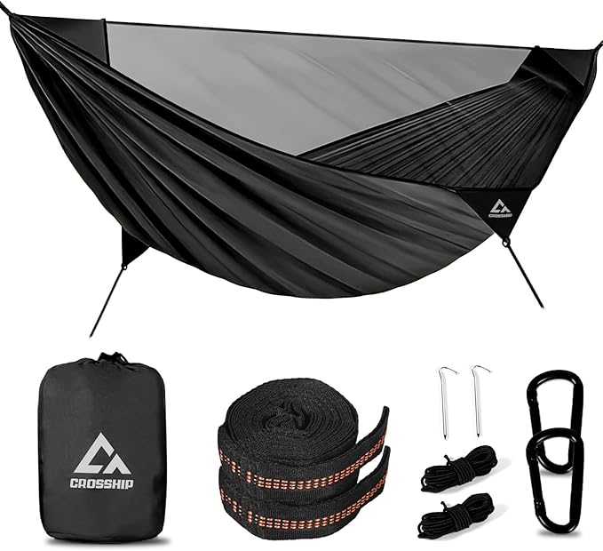 Camping Hammock with Mosquito Net, 2 Person Hammock Tent, Portable, Parachute Nylon for Indoor, Outdoor, Hiking, Backpacking, Backyard, Beach, Travel (Hold Up to 500lbs) (Black)