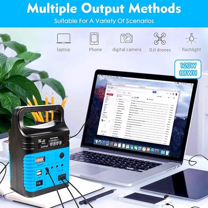 Portable Power Station,Solar Generator with Panels included,LiFePO4 Battery Pack Small Solar Powered Generator with DC/USB Outlets,LED Flashlight for Home Use,Outdoor Camping Quiet(Blue)