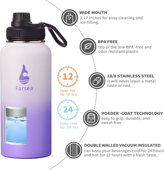 Farsea Insulated Water Bottle With Paracord Handle, Protective Silicone Boot and 2 Lids (Straw Lid & Spout Lid), Stainless Steel Water Bottle Wide Mouth, Double Wall Sweat-Proof BPA-Free, 32 oz