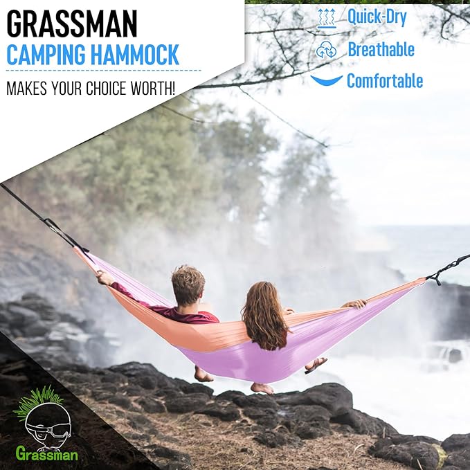 Grassman Camping Hammock Double & Single Portable Hammock with Tree Straps, Lightweight Nylon Parachute Hammocks Camping Accessories Gear for Indoor Outdoor Backpacking, Travel, Hiking, Beach