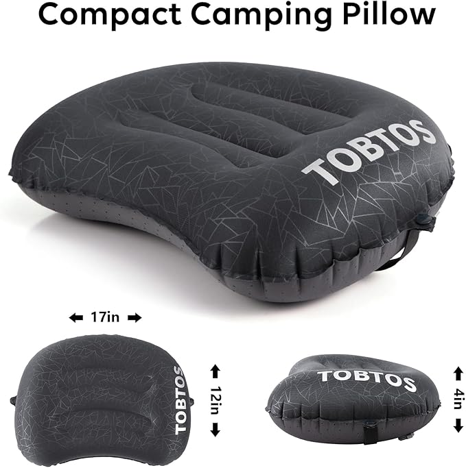 TOBTOS Ultralight Camping Pillow - Inflatable, Ergonomic Neck & Lumbar Support, Blow Up Air Pillow for Travel, Hiking, Outdoor (Black), 17x12