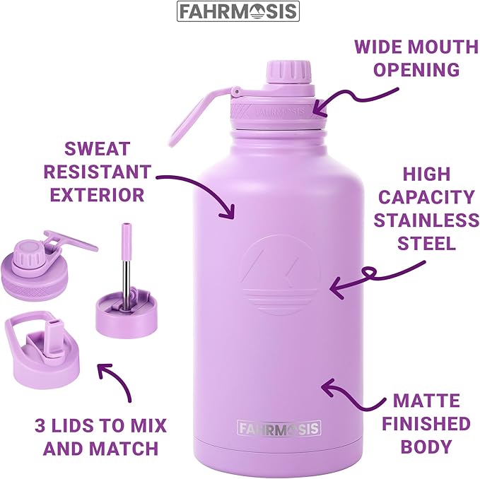 64 Oz Water Bottle with Straw Stainless Steel Sports Water Bottle with 3 Lids (Straw, Chug and Flip Lid) Leak Proof Metal Half Gallon Jug for Men & Women - Lavender