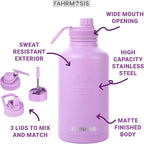 64 Oz Water Bottle with Straw Stainless Steel Sports Water Bottle with 3 Lids (Straw, Chug and Flip Lid) Leak Proof Metal Half Gallon Jug for Men & Women - Lavender