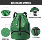 Hoedia Sports Drawstring Backpack - String Swim Gym Bag with Shoes Compartment and Wet Proof Pocket for Women/Men (Dark Green)