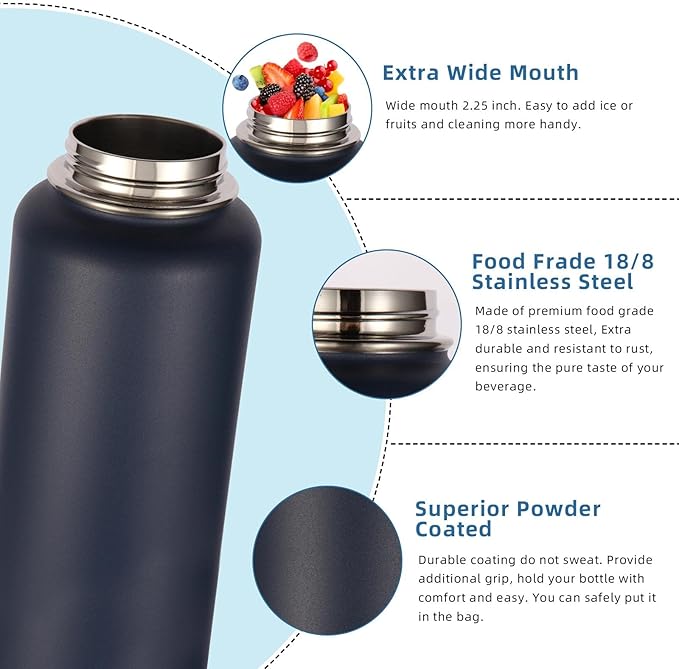 Volhoply Insulated Water Bottles Bulk 2 Pack, 40 oz Reusable Stainless Steel Sports Bottle with Paracord Handle & Spout Lid, Double Wall Vacuum Travel Big Water Cups with Wide Mouth(Navy,2 Set)
