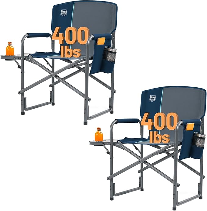 TIMBER RIDGE Aluminum Oversized Camping Chair, Lightweight Portable Directors Chair with Side Table Detachable Side Pocket for Outdoor Camping, Lawn, Picnic, Support 400lbs Blue 2 Pack