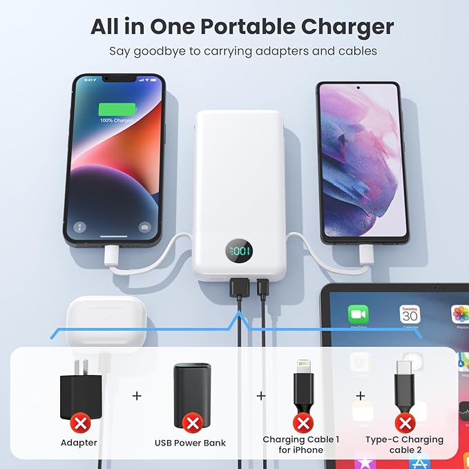 Portable Charger with Built-in Cables and AC Wall Plug 13800mAh,LCD Display Slim PD Fast USB C Power Bank,4 Outputs Travel Essentials Battery Pack Compatible with iPhone,Samsung,All Smart Phones-White