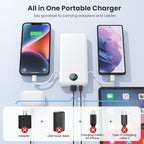 Portable Charger with Built-in Cables and AC Wall Plug 13800mAh,LCD Display Slim PD Fast USB C Power Bank,4 Outputs Travel Essentials Battery Pack Compatible with iPhone,Samsung,All Smart Phones-White
