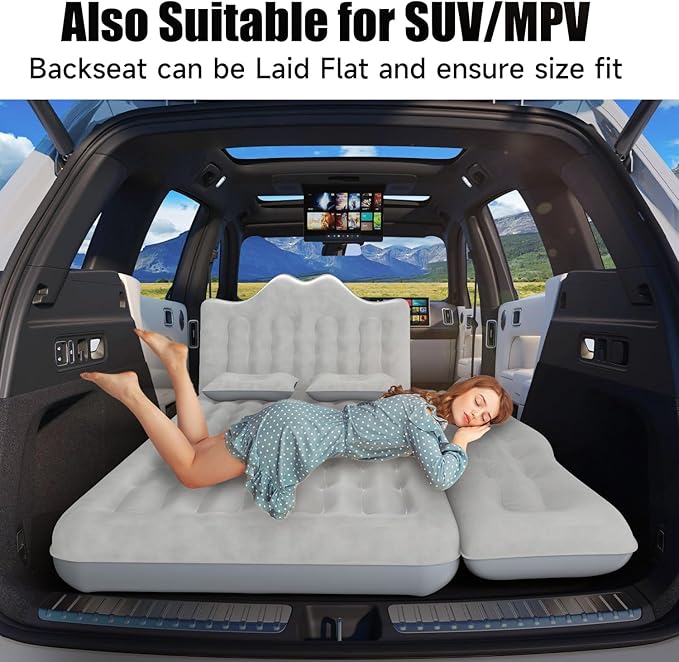 Car Air Mattress, Inflatable SUV Truck Air Mattress Back Seat Camping Bed Thickened Car Sleeping Pad for Travel, Car Bed SUV Mattress with Air Pump 2 Pillows
