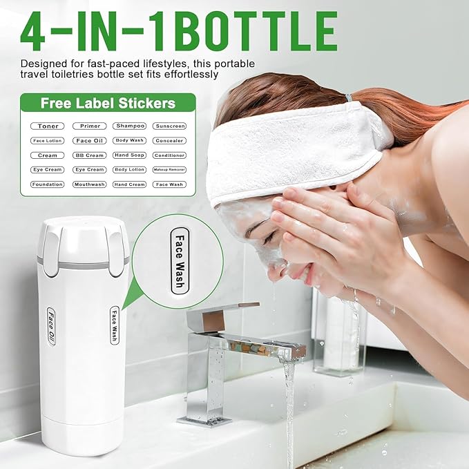 4 in 1 Travel Dispenser Bottle,Leak Proof Refillable Bottles Store Shampoo, Lotion and More,Transparent with Scale, Easy Squeeze Use, Lightweight & Portable Perfect for Travel,Gym,Camping (Green)