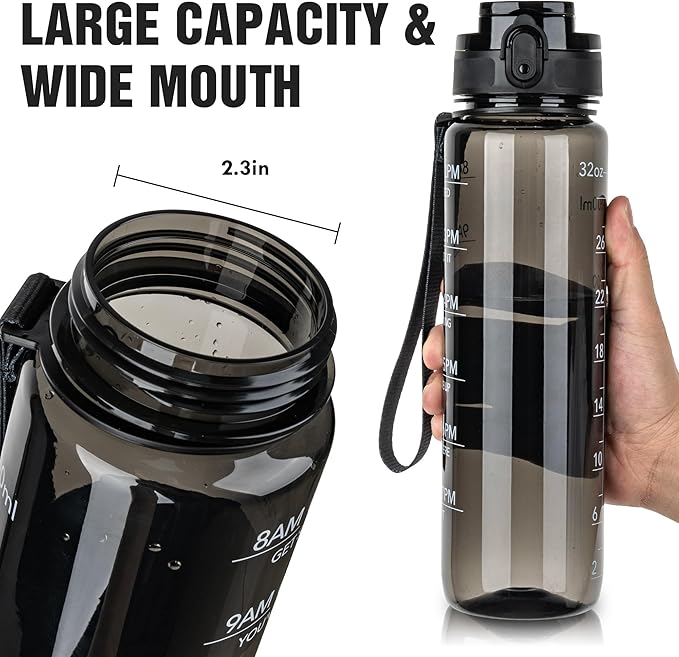 OLDLEY Water Bottle 32oz, Durable and Leakproof Water Bottles Motivational with Time Marker, Tritan, BPA Free, Wide Mouth, Gym, Travel, Home, School, Office, Clear Black (1 Bottle)