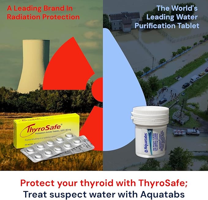 Aquatabs 397mg Water Purification Tablets (100 Pack) and Thyrosafe 65 mg Potassium Iodide Tablets (20 Pack) - Emergency Kit for Radiation and Water Treatment - Portable Survival Kit