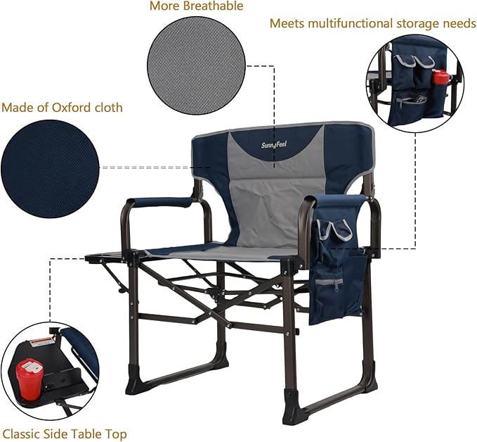 SUNNYFEEL Oversized Camping Directors Chair Blue Portable Folding Chair for Adults Support 600lbs with Side Pocket and Side Table for Beach, Fishing, Trip, Picnic, Lawn, Outdoor Foldable Camp Chairs