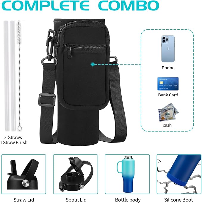 40 oz Insulated Water-Bottle that fits in Cup Holder - Cold 48h/Hot 24h, Stainless Steel Tumblers with Lids and Straws & Bottle Sleeve, Leak Proof Metal Flask Cup, Travel Coffee Tumbler with Handle