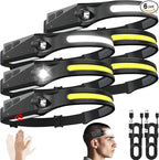 Rechargeable Headlamps 6pcs, 230° Wide Beam Head Lamp LED Rechargeable, Powerful Bright Forehead Adjustable Headlight for Adults with Motion Sensor with 5 Modes, USB C, Waterproof for Camping