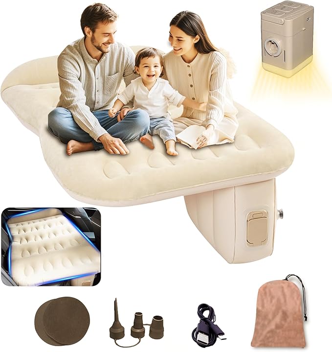 Self-Inflating SUV Air Mattress Back Seat with Built-in Pump - Portable Air Couch for Car Camping Travel, Flocking Surface, Fast Inflation Deflation, Beige Brown
